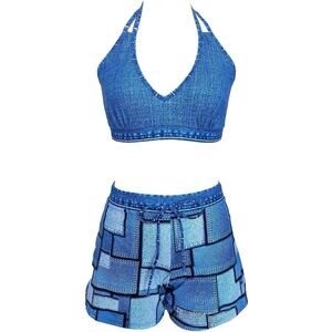 NWOT No Brand Denim Patches High Waisted Halter Bikini Shorts Women's Size Small